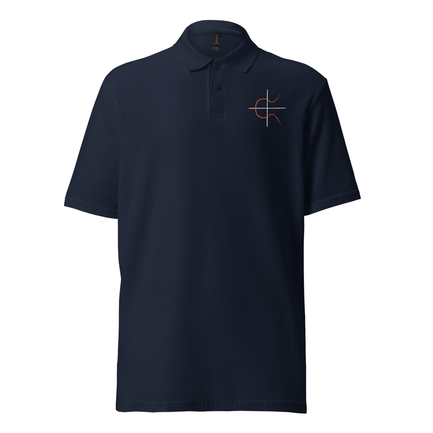 Front view of a navy blue embroidered bitcoin polo shirt.