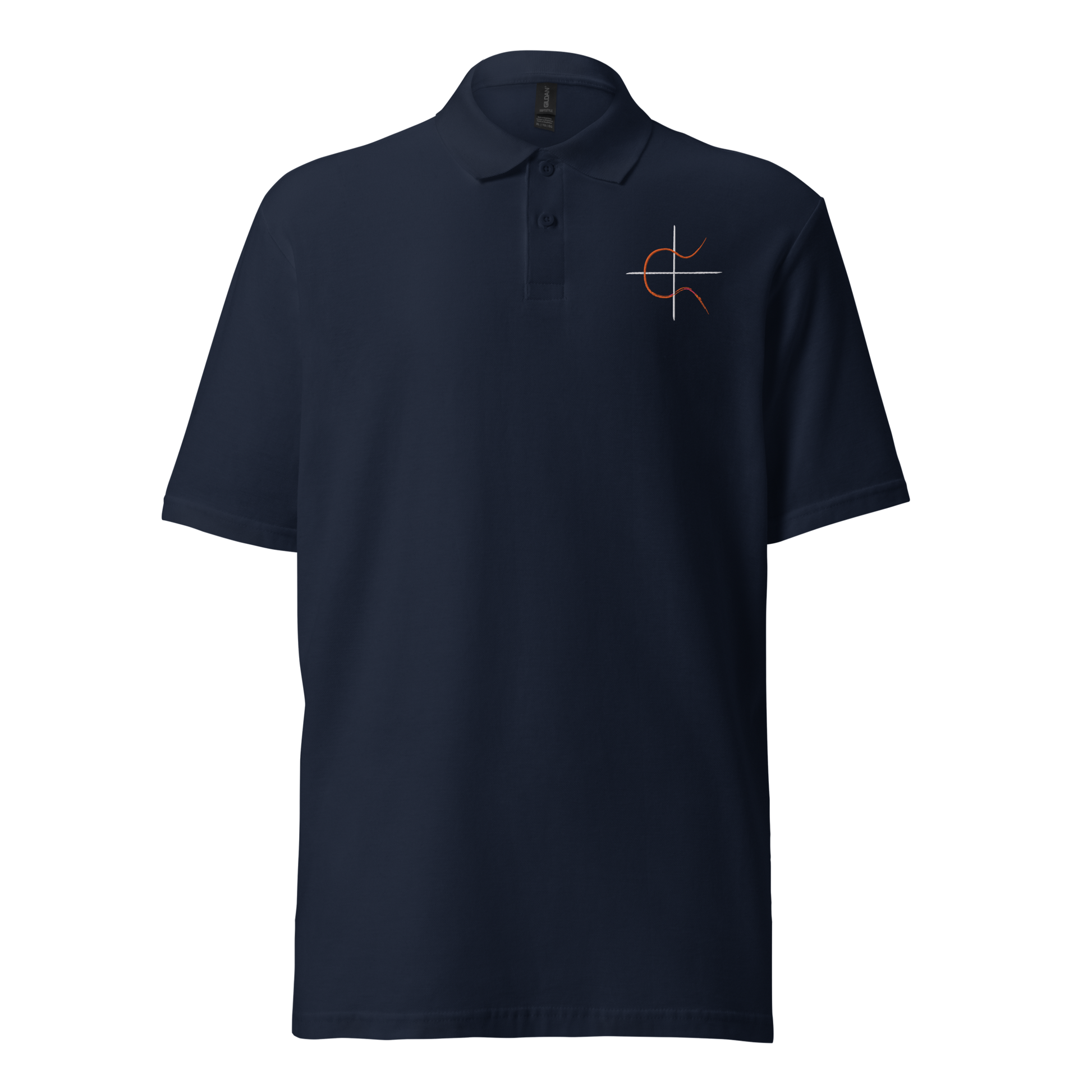 Front view of a navy blue embroidered bitcoin polo shirt.