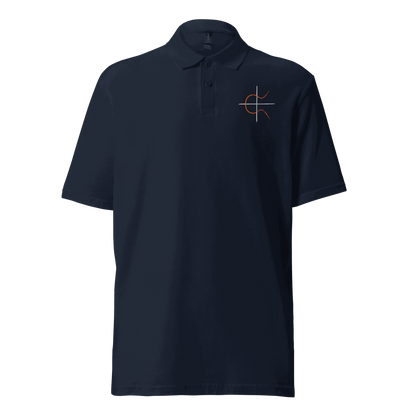 Front view of a navy blue embroidered bitcoin polo shirt.