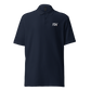 Front view of a navy blue embroidered bitcoin polo shirt.