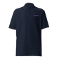 Front view of a navy blue embroidered nostr polo shirt.