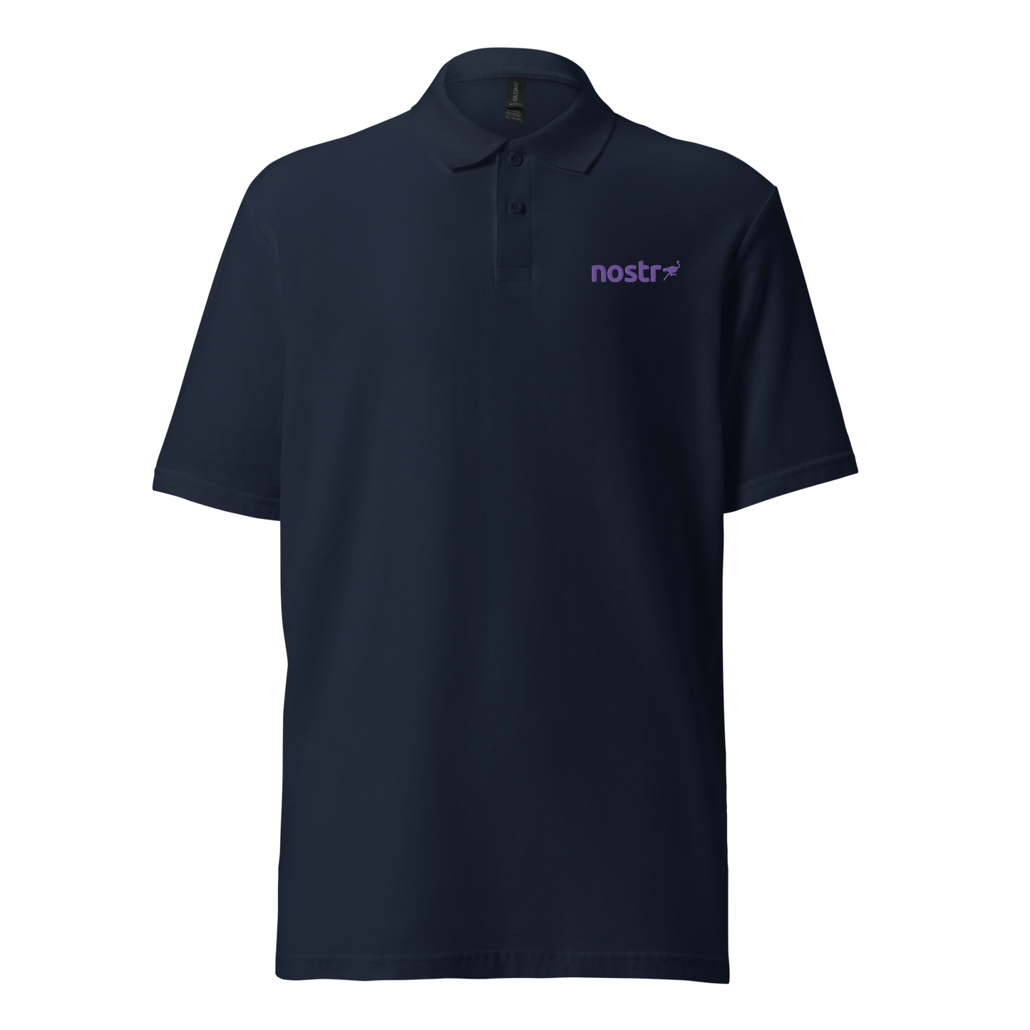 Front view of a navy blue embroidered nostr polo shirt.