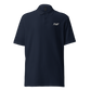 Front view of a navy blue embroidered bitcoin polo shirt.