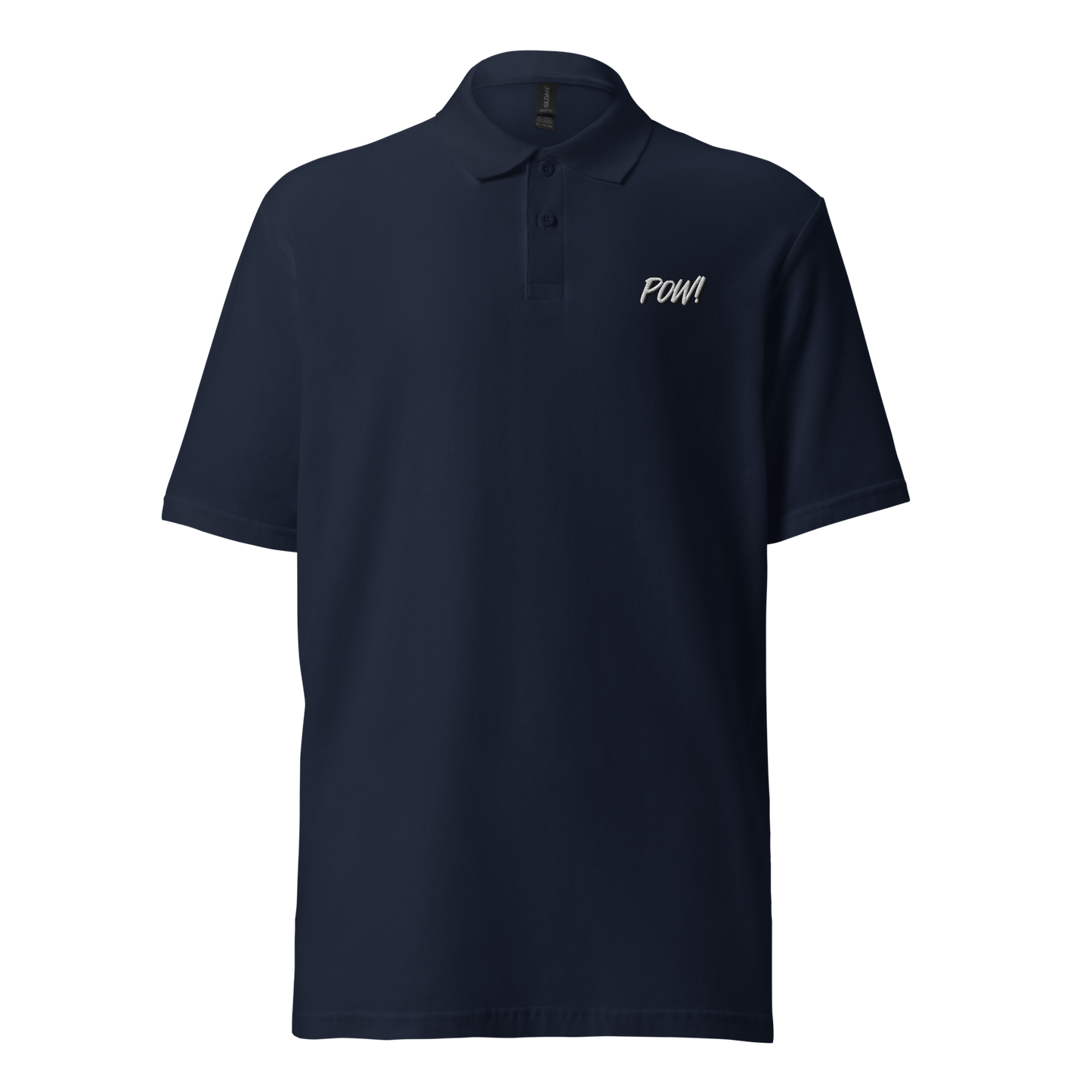 Front view of a navy blue embroidered bitcoin polo shirt.