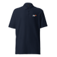 Front view of a navy blue embroidered bitcoin polo shirt.