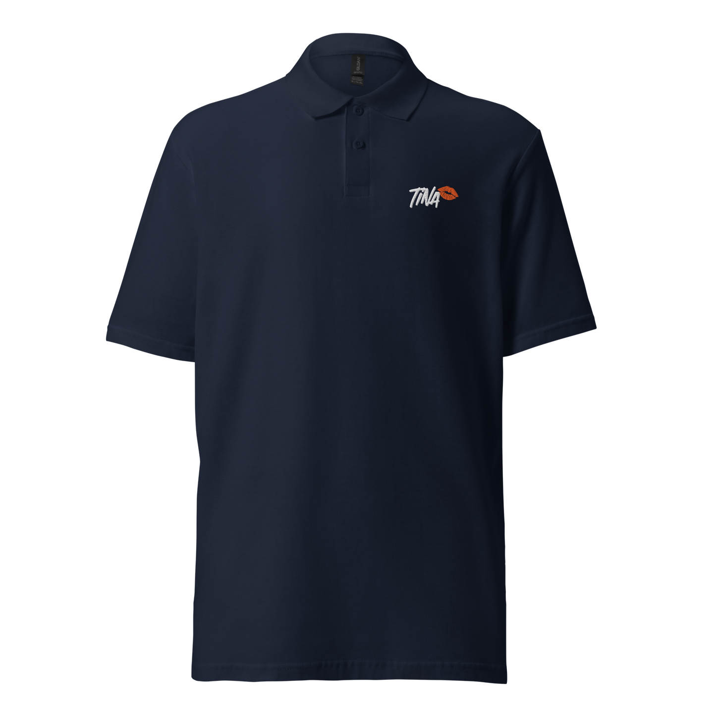 Front view of a navy blue embroidered bitcoin polo shirt.