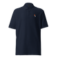 Front view of a navy blue embroidered bitcoin polo shirt.