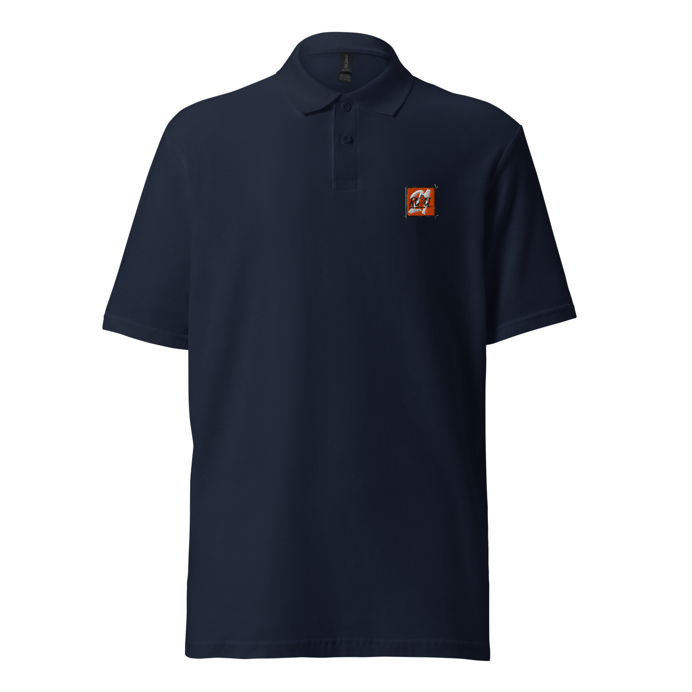 21 Rebel pique bitcoin polo shirt in Navy, front view: a small orange 21 Rebel badge on the left chest.