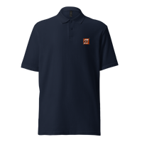 21 Rebel pique bitcoin polo shirt in Navy, front view: a small orange 21 Rebel badge on the left chest.