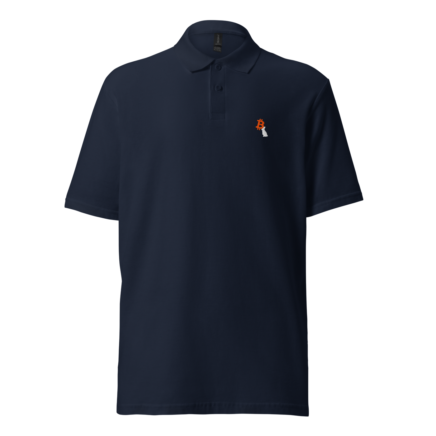 White Rabbit pique bitcoin polo shirt in Navy, front view: a small white rabbit next to an orange bitcoin symbol on the left chest.