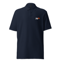 TINA pique bitcoin polo shirt in Navy, front view: TINA in small white letters with orange lips on the left chest.