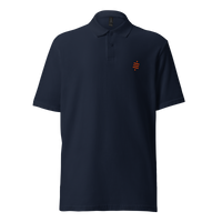 Sats Symbol pique bitcoin polo shirt in Navy, front view: a small orange sats symbol on the left chest.