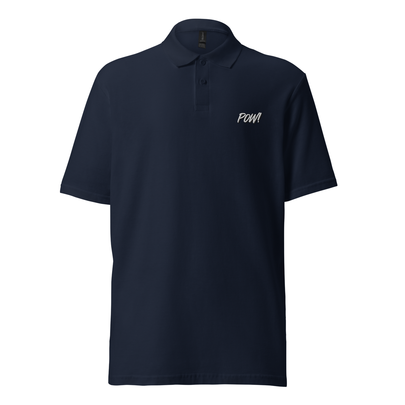 POW! pique bitcoin polo shirt in Navy, front view: POW! in small white comic lettering on the left chest.
