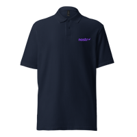Nostr pique nostr polo shirt in Navy, front view: the nostr wordmark in small purple letters on the left chest.