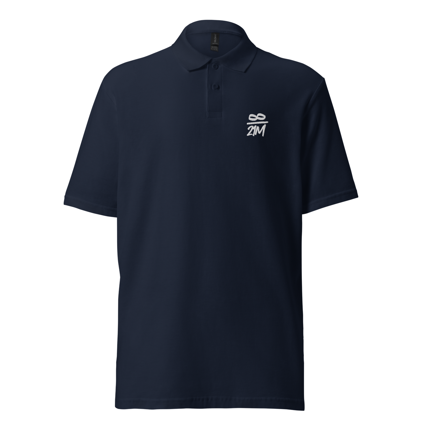 Infinity 21M pique bitcoin polo shirt in Navy, front view: a small white infinity symbol over 21M on the left chest.