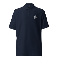Infinity 21M pique bitcoin polo shirt in Navy, front view: a small white infinity symbol over 21M on the left chest.