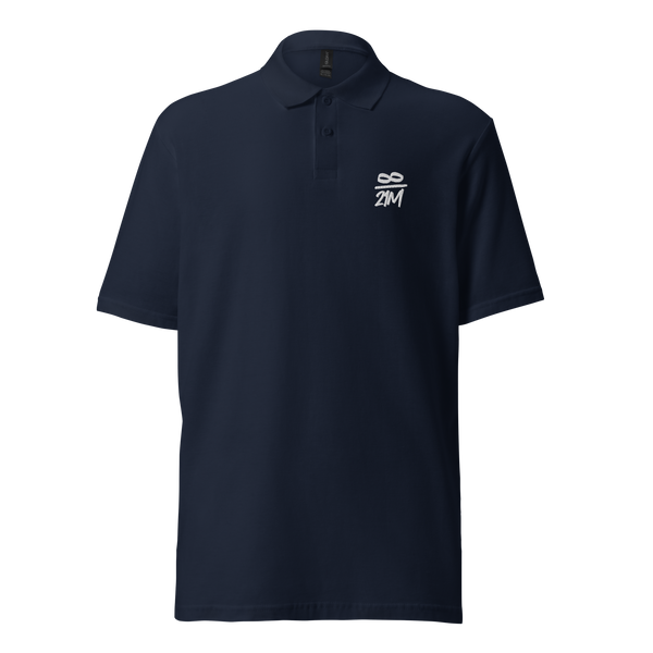 Infinity 21M pique bitcoin polo shirt in Navy, front view: a small white infinity symbol over 21M on the left chest.
