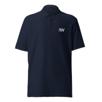 Few Polo Shirt pique bitcoin polo shirt in Navy, front view: FEW in small white brush lettering on the left chest.