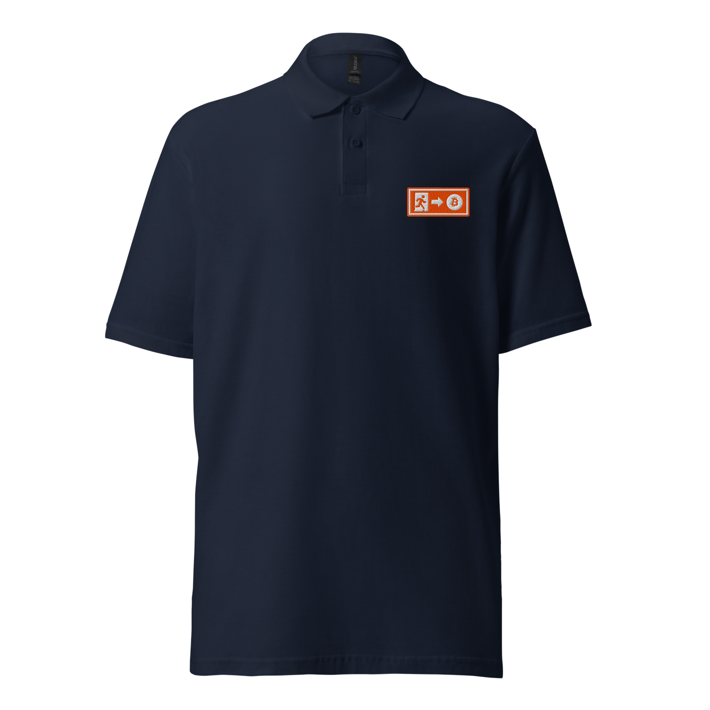 Emergency Exit pique bitcoin polo shirt in Navy, front view: a small orange emergency exit sign on the left chest.