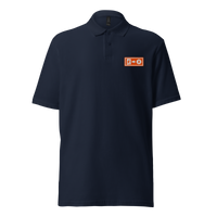 Emergency Exit pique bitcoin polo shirt in Navy, front view: a small orange emergency exit sign on the left chest.