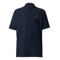 Elliptic Curve Cryptography pique bitcoin polo shirt in Navy, front view: a small orange and white elliptic curve symbol on the left chest.