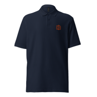 Circuit Board pique bitcoin polo shirt in Navy, front view: a small orange bitcoin B of circuit board traces on the left chest.