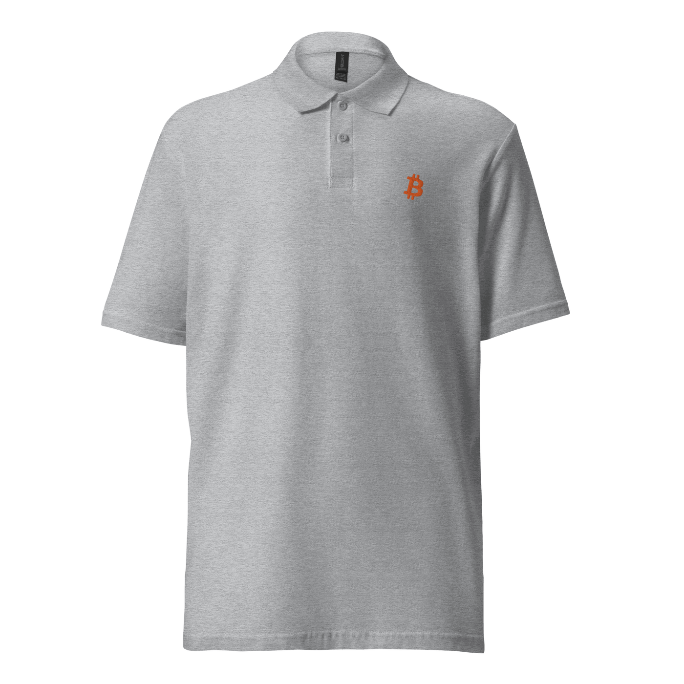 Bitcoin B Pique Polo Shirt with OEKO-TEX certification logo, promoting Bitcoin network support