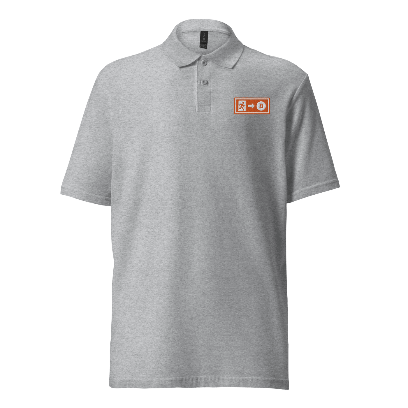 Emergency Exit Bitcoin Polo Shirt with OEKOTEX Certification Logo