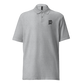 Front view of a sporty grey embroidered bitcoin polo shirt.