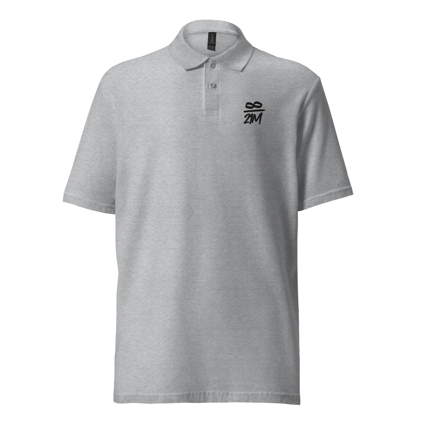 Front view of a sporty grey embroidered bitcoin polo shirt.