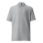 Front view of a sporty grey embroidered nostr polo shirt.