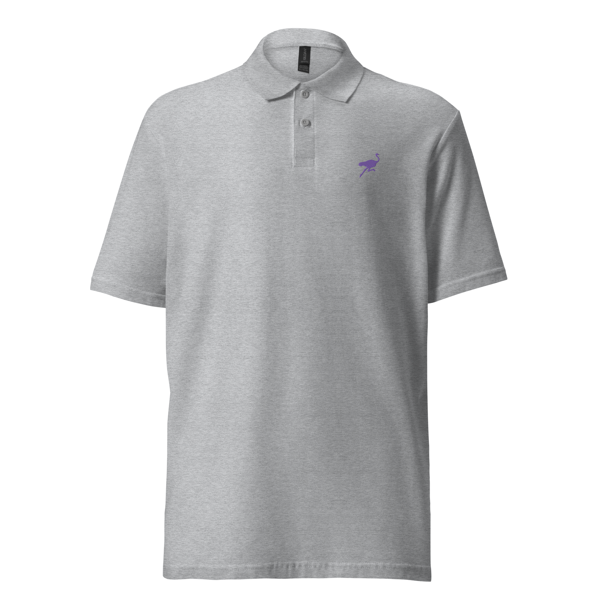 Front view of a sporty grey embroidered nostr polo shirt.