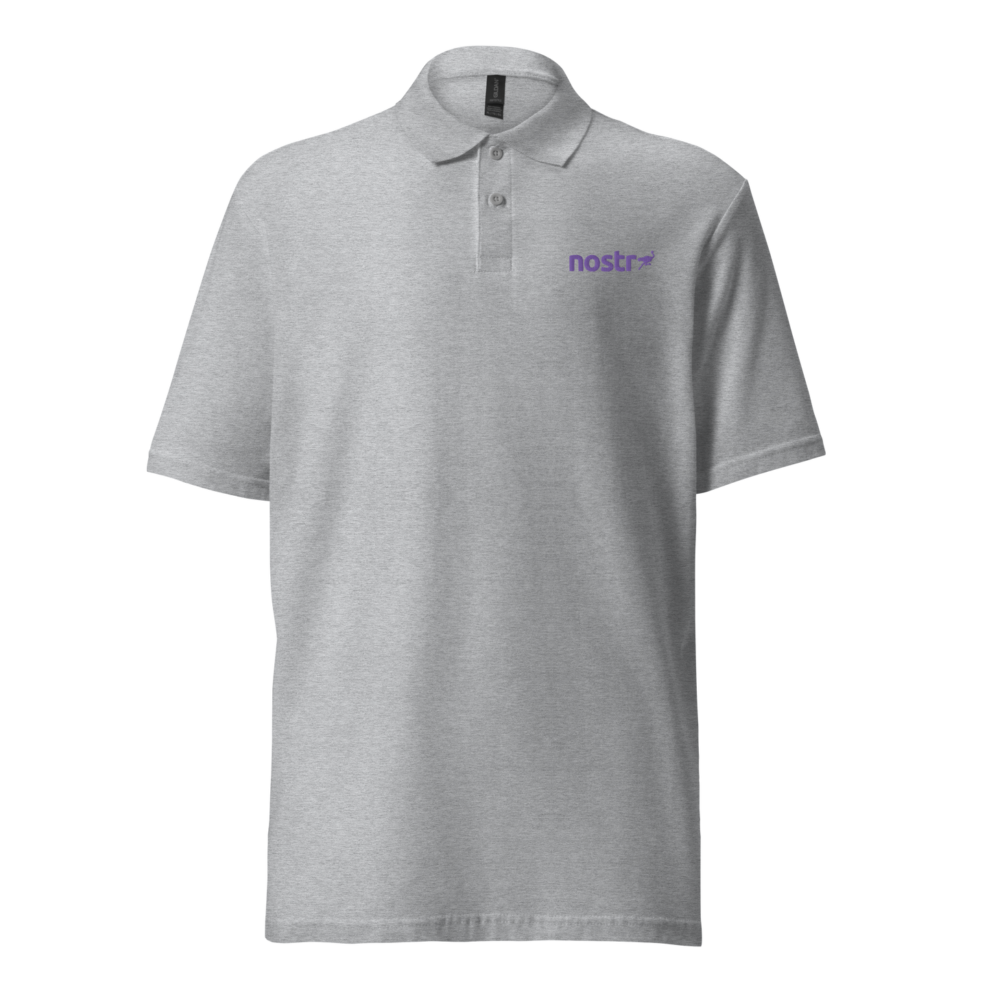 Front view of a sporty grey embroidered nostr polo shirt.