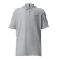 Front view of a sporty grey embroidered bitcoin polo shirt.