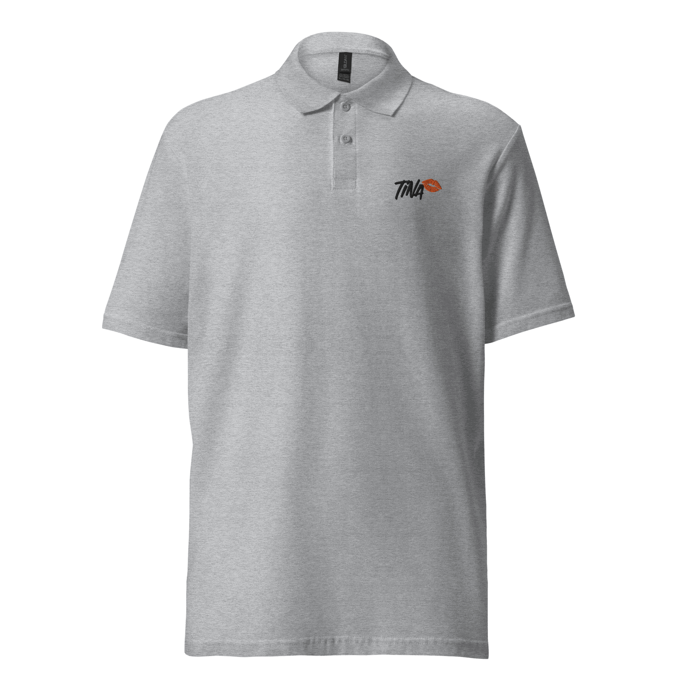 Front view of a sporty grey embroidered bitcoin polo shirt.