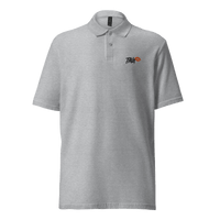Front view of a sporty grey embroidered bitcoin polo shirt.