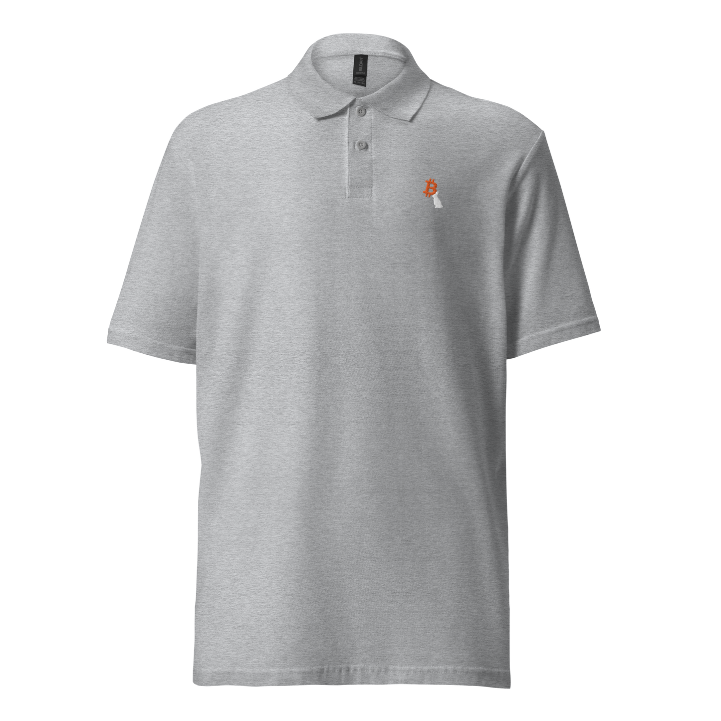 Front view of a sporty grey embroidered bitcoin polo shirt.