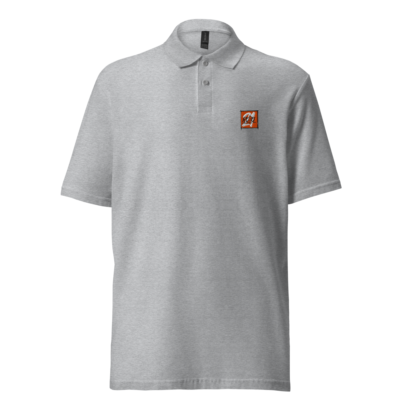 21 Rebel pique bitcoin polo shirt in Sport Grey, front view: a small orange 21 Rebel badge on the left chest.