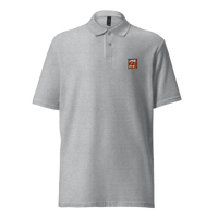 21 Rebel pique bitcoin polo shirt in Sport Grey, front view: a small orange 21 Rebel badge on the left chest.