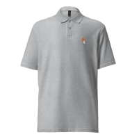 White Rabbit pique bitcoin polo shirt in Sport Grey, front view: a small white rabbit next to an orange bitcoin symbol on the left chest.