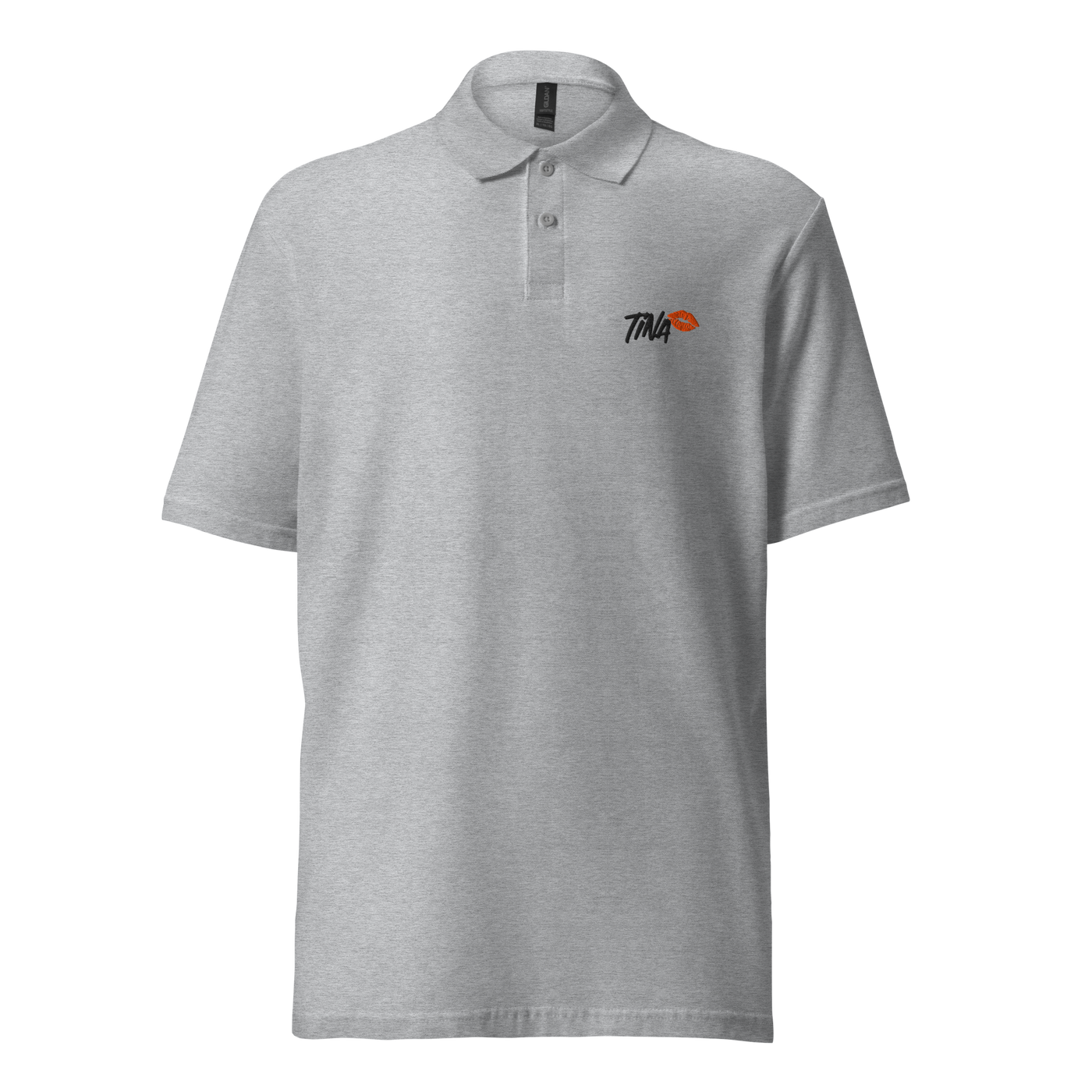 TINA pique bitcoin polo shirt in Sport Grey, front view: TINA in small white letters with orange lips on the left chest.