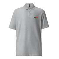 TINA pique bitcoin polo shirt in Sport Grey, front view: TINA in small white letters with orange lips on the left chest.