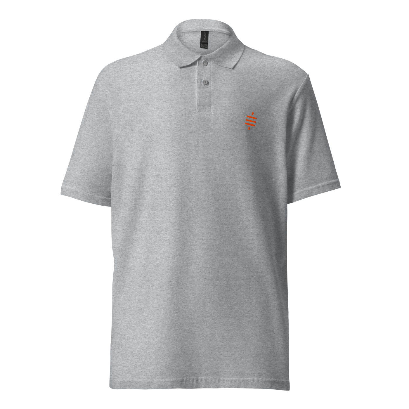 Sats Symbol pique bitcoin polo shirt in Sport Grey, front view: a small orange sats symbol on the left chest.