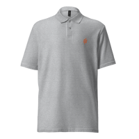Sats Symbol pique bitcoin polo shirt in Sport Grey, front view: a small orange sats symbol on the left chest.