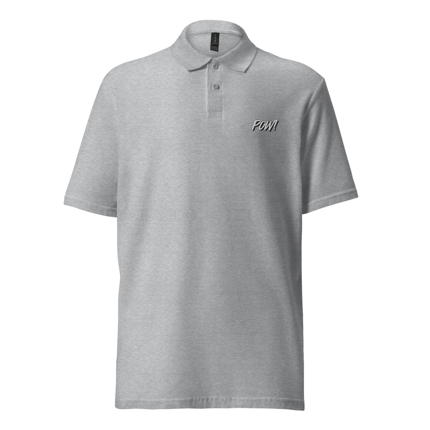 POW! pique bitcoin polo shirt in Sport Grey, front view: POW! in small white comic lettering on the left chest.