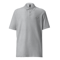 POW! pique bitcoin polo shirt in Sport Grey, front view: POW! in small white comic lettering on the left chest.