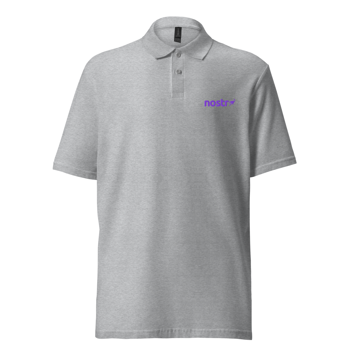 Nostr pique nostr polo shirt in Sport Grey, front view: the nostr wordmark in small purple letters on the left chest.