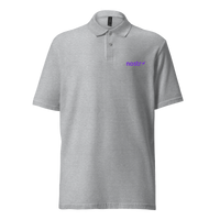 Nostr pique nostr polo shirt in Sport Grey, front view: the nostr wordmark in small purple letters on the left chest.