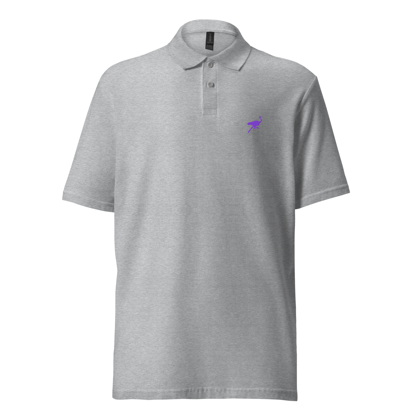 Nostrich Polo Shirt pique nostr polo shirt in Sport Grey, front view: a small purple ostrich on the left chest.
