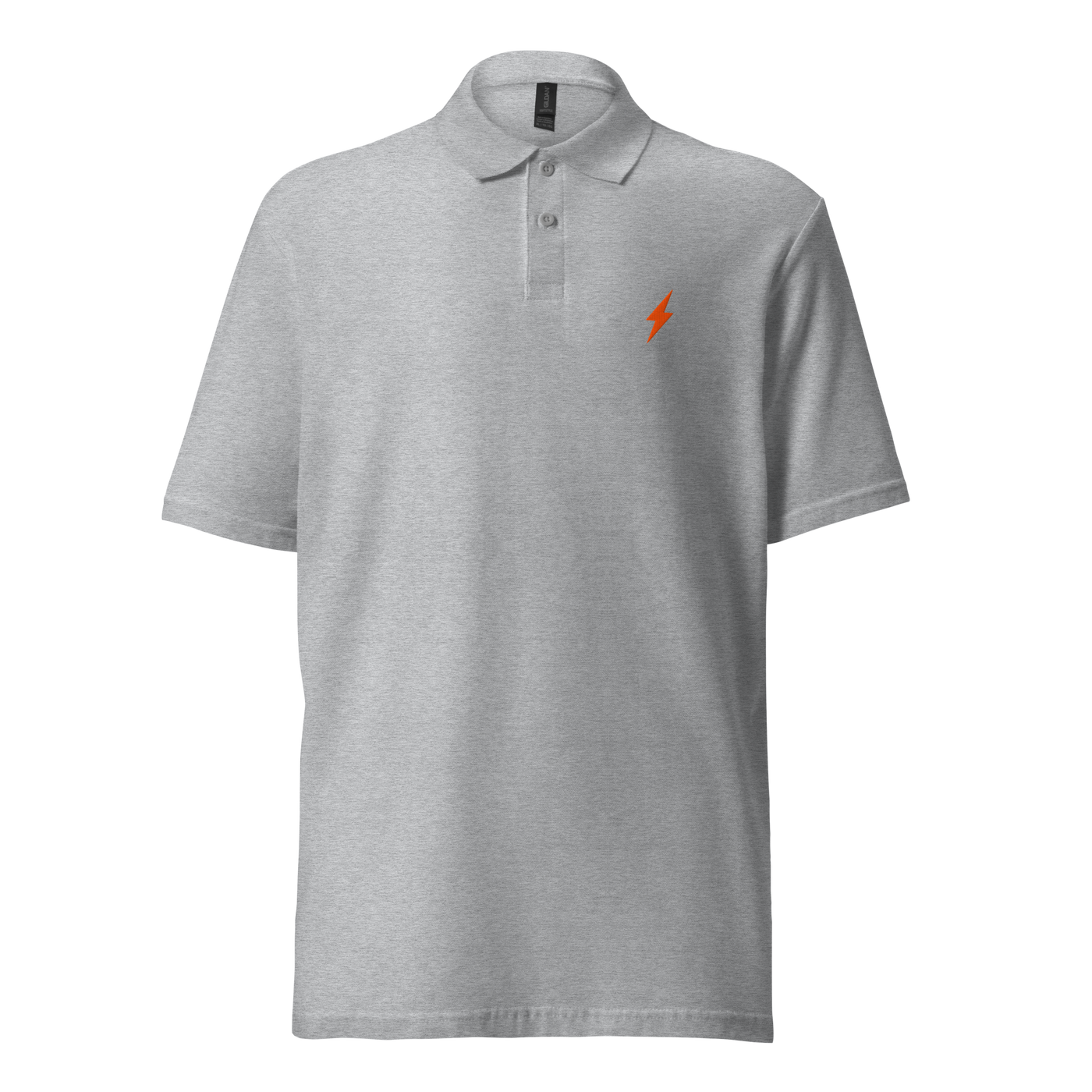 Lightning pique lightning polo shirt in Sport Grey, front view: a small orange lightning bolt on the left chest.